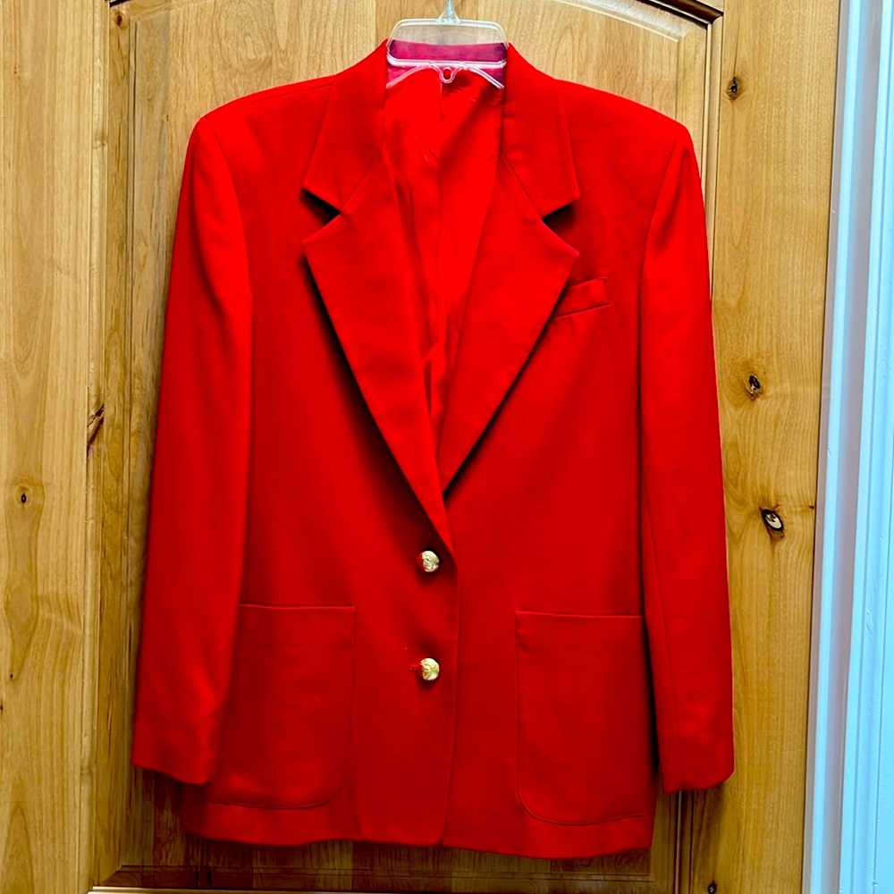 H&W Hawksley & Wight red blazer with gold button trim.